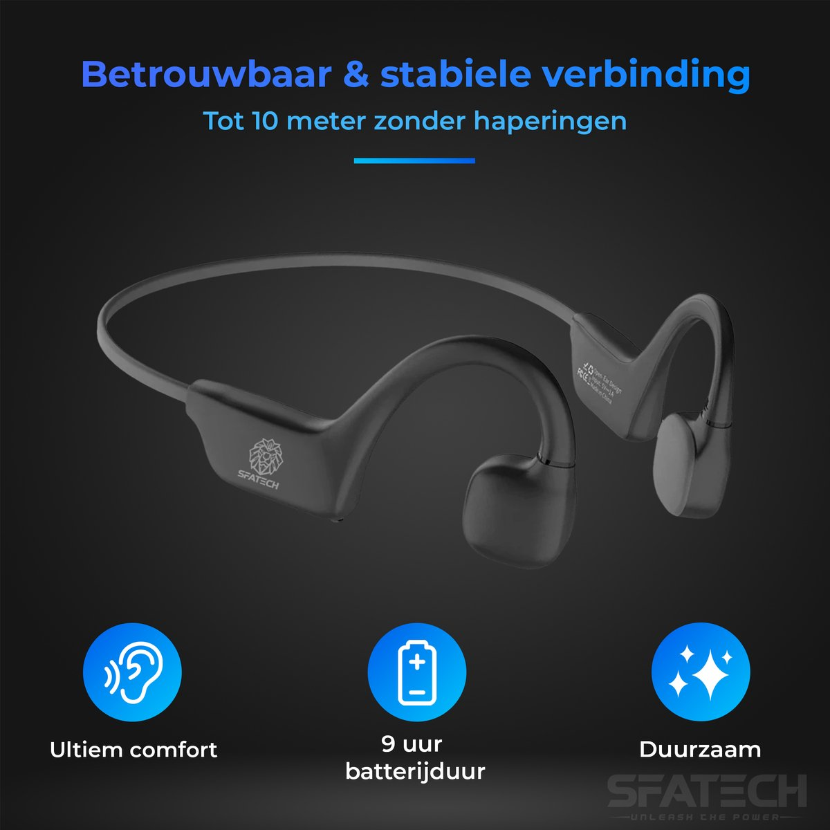 SFATECH Bone Conduction Headphone – Open-Ear Sport Oortjes – Sport Hoofdtelefoon – Bluetooth Koptelefoon – Waterbestendig – Hardlopen & Fitness – Zwart