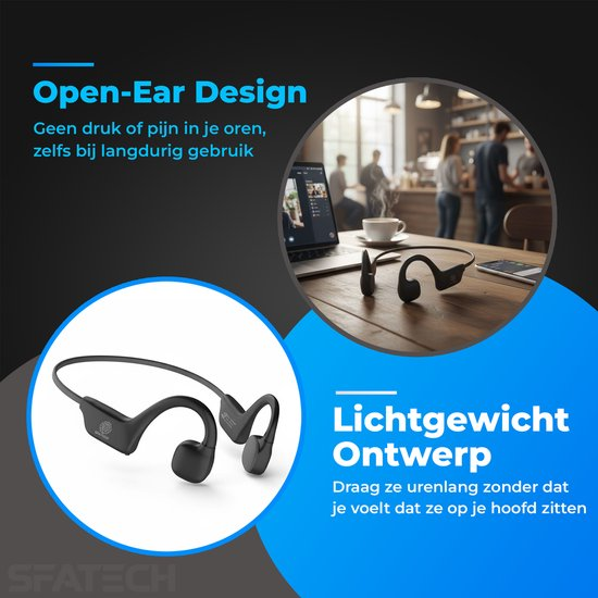 SFATECH Bone Conduction Headphone – Open-Ear Sport Oortjes – Sport Hoofdtelefoon – Bluetooth Koptelefoon – Waterbestendig – Hardlopen & Fitness – Zwart