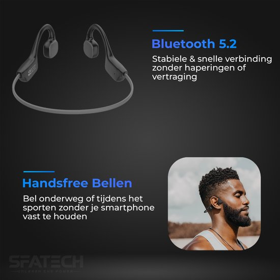 SFATECH Bone Conduction Headphone – Open-Ear Sport Oortjes – Sport Hoofdtelefoon – Bluetooth Koptelefoon – Waterbestendig – Hardlopen & Fitness – Zwart